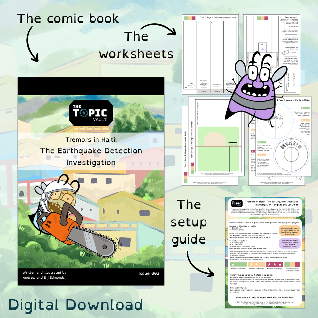 Digital download product preview for 'Tremors in Haiti: The Earthquake Detection Investigation' by The Topic Vault, showing the comic book cover, worksheets, and setup guide on a light background with a cartoon bee and arrows labelling the different elements.