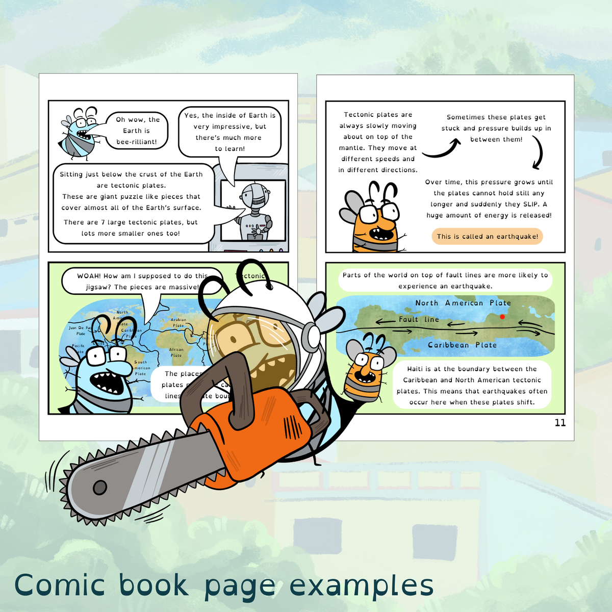 A digital graphic displaying comic book page examples, showing two pages with some black-and-white and some colour illustrations and text about tectonic plates, with a dark blue title banner at the bottom reading 'Comic book page examples'.