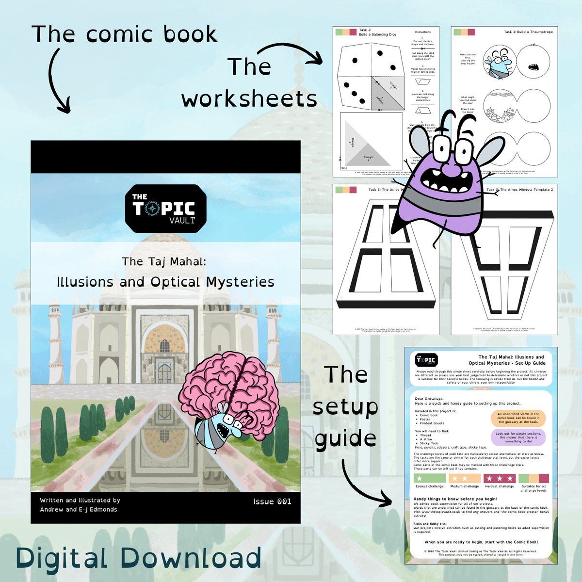 Digital download product preview for 'The Taj Mahal: Illusions and Optical Mysteries' by The Topic Vault, showing the comic book cover, worksheet pages, a purple bee and the setup guide on a pale blue illustrated background.