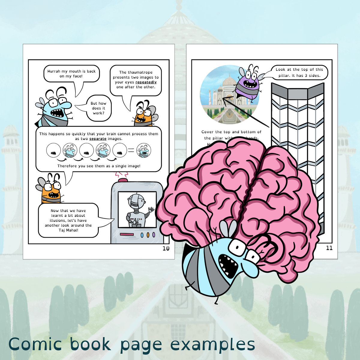 Two comic book page examples with cartoon characters and text, shown over a blurred building background, with an illustration of a blue bee carrying a large pink brain in the foreground. Text at the bottom reads 'Comic book page examples'.